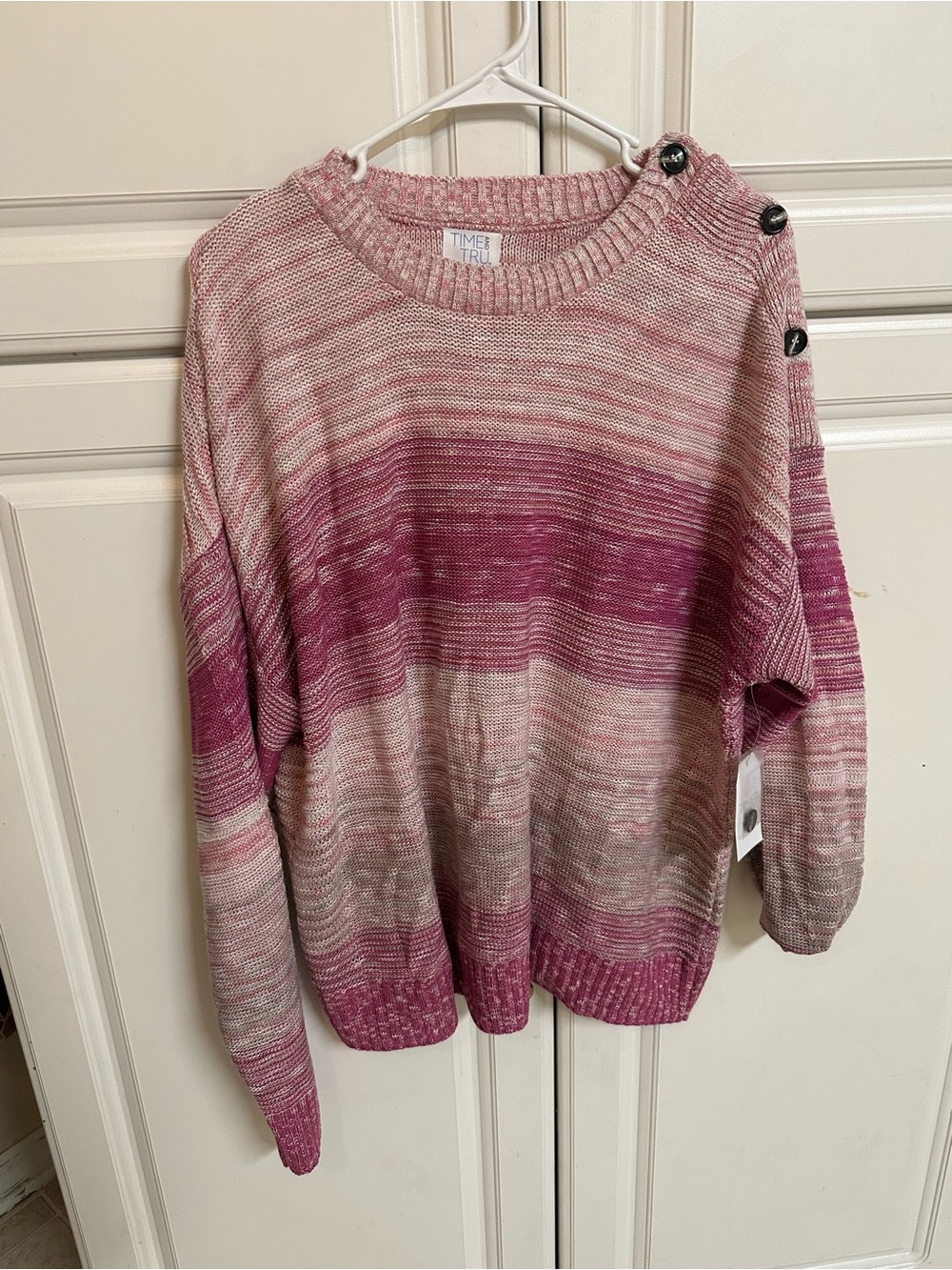 Time and Tru Pink Gradient Button-Shoulder Crewneck Sweater